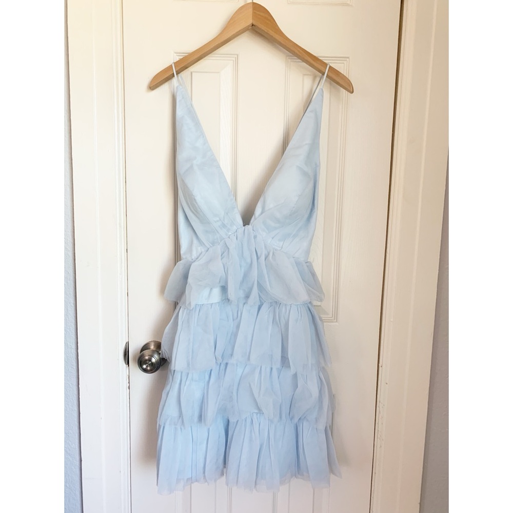 Selfie Leslie Auguste Tiered Frill Mini Dress Plunging Neck Sleeveless Blue XL